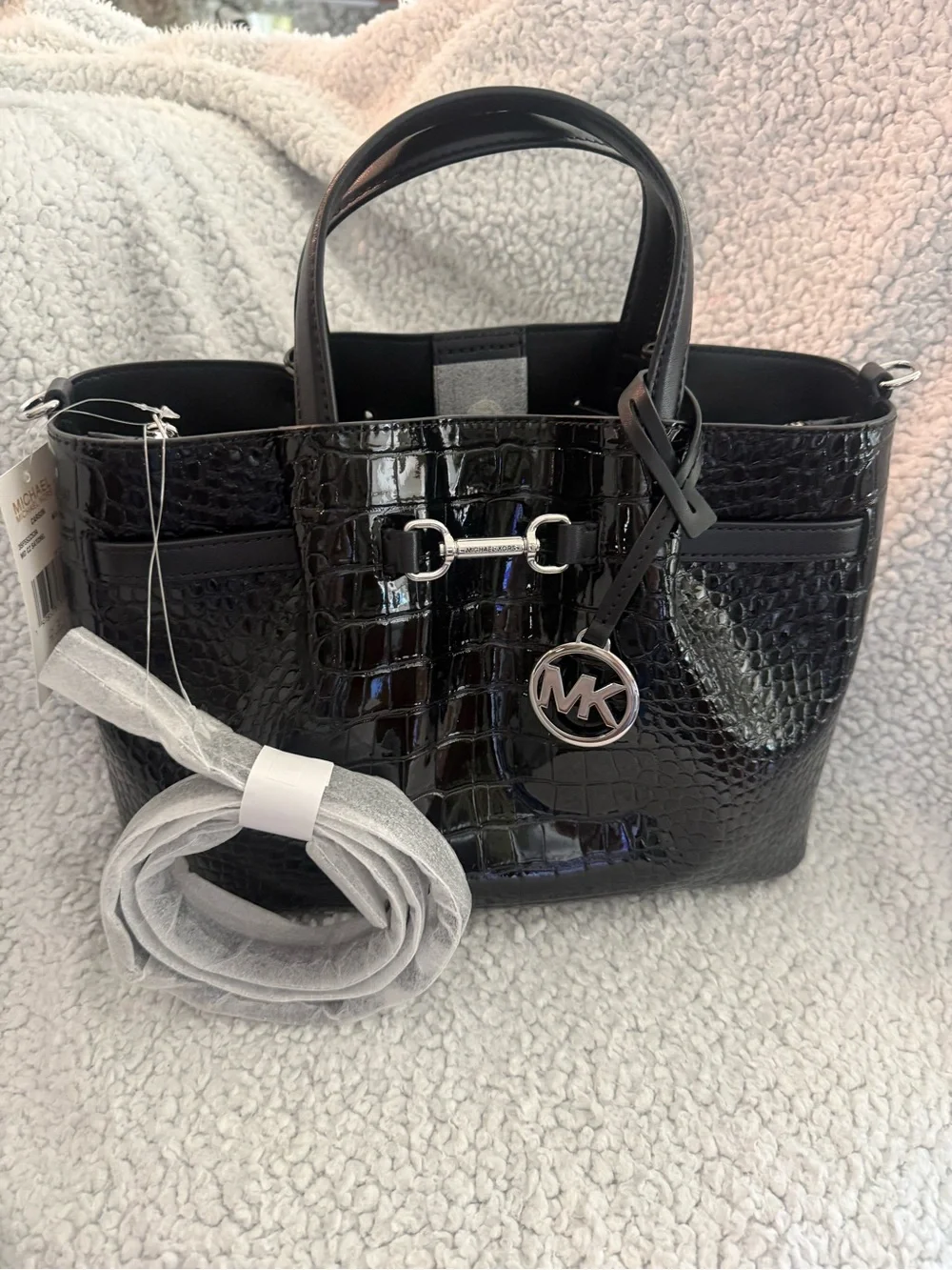 Michael Kors Black Patent Croc-Embossed Tote with MK Charm